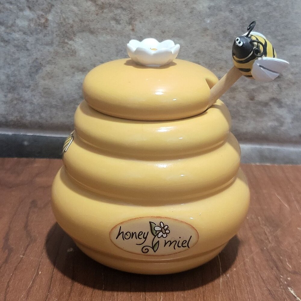 Honey Miel Beehive Honey Pot Daisy Lid Handle Bee Dipper